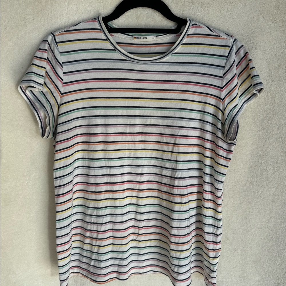 Marine Layer Womens Sustainable Multi Color Cream Striped T-Shirt S small -flaw